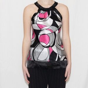 Y2k high neck satin top pink black grey beaded size medium vanity polyester